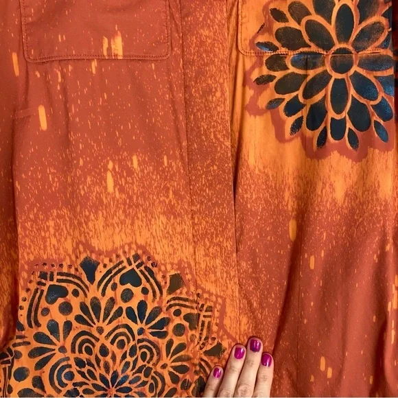 Vintage Upcycled Jacket Womens Size Large Handmade Stencil Floral Orange Brown - Picture 13 of 16